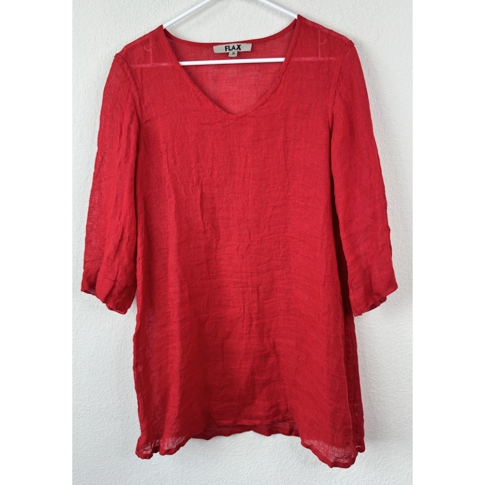 FLAX 100% Linen Tunic Top Szβ S Red V-Neck Lightweight Gauze Lagenlook Coastal